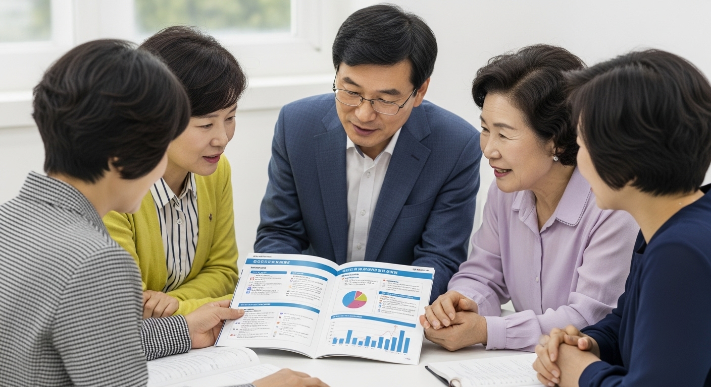 예상 수령액 외, 알아두면 좋은 국민연금 정보 - 다양한 연령대의 한국인들이 국민연금 가이드북을 보며 정보를 공유하는 모습