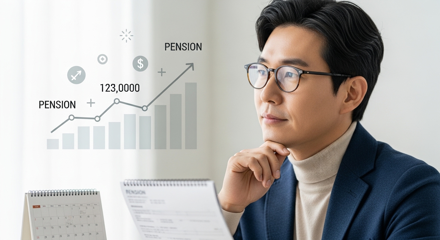 국민연금 추납 제도, 왜 중요하며 무엇인가? - 한 한국인이 연금 명세서와 달력을 보며 자신의 노후 재정 계획을 진지하게 고민하는 모습, 배경에는 연금액 증가를 상징하는 그래프가 은은하게 보인다.
