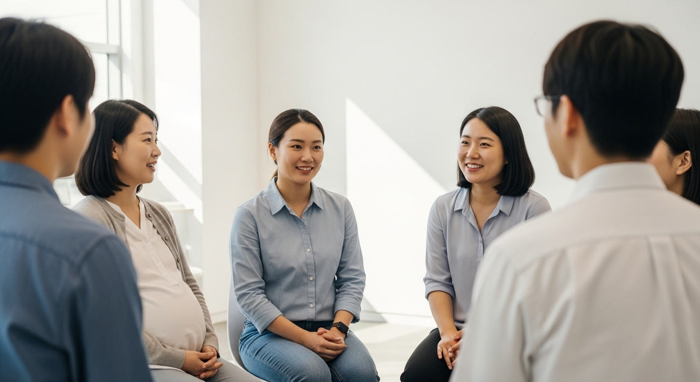 추납 제도 신청 자격 및 대상자는? - 출산휴가 후 복귀하는 여성, 프리랜서, 일시적 실업을 경험한 사람 등 다양한 배경의 한국인들이 추납 제도의 자격 요건에 대해 의견을 나누는 모습