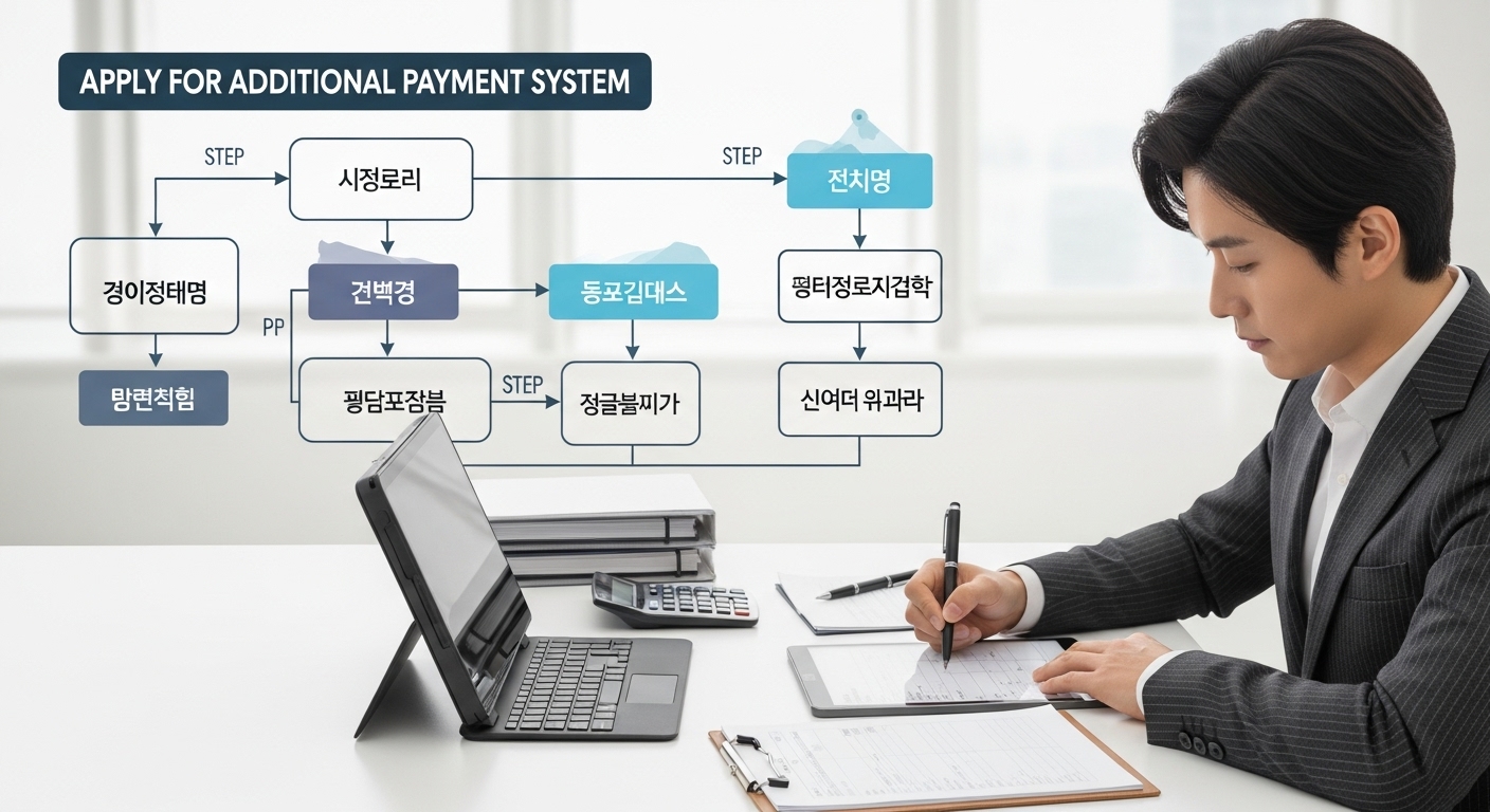추납 보험료 산정 방식과 신청 방법 상세 가이드 - 국민연금 추납 제도 신청 절차를 보여주는 깔끔한 흐름도와 함께, 한국인이 태블릿으로 신청서를 작성하며 서류들을 정리하는 모습