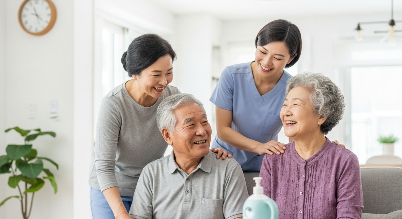 법률 공포의 배경 및 핵심 내용 이해하기 - 한 한국인 노부부가 현대적인 가정 환경에서 돌봄을 받는 모습, 한국인 돌봄 제공자가 따뜻하게 돕고 있다.