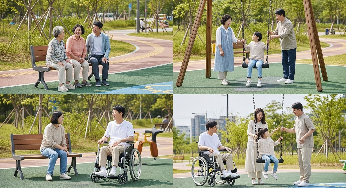 지역사회 통합 돌봄 서비스의 주요 변화와 기대 효과 - 다양한 연령대의 한국인들이 현대적 공원에서 커뮤니티 활동에 참여하며 통합 돌봄과 사회적 포용을 상징한다.