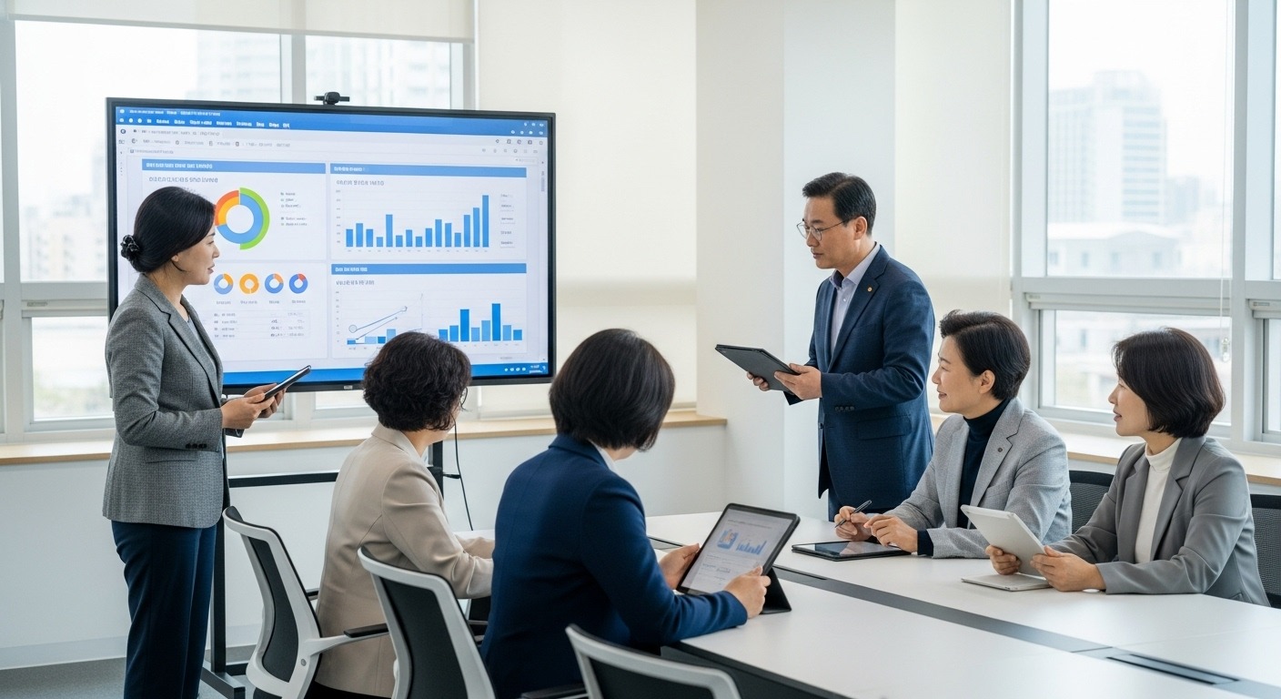 법률 시행에 따른 지자체의 역할과 과제 - 한국 지방자치단체 공무원들이 현대적인 회의실에서 디지털 기기를 활용하여 지역 돌봄 계획을 진지하게 논의하고 있다.