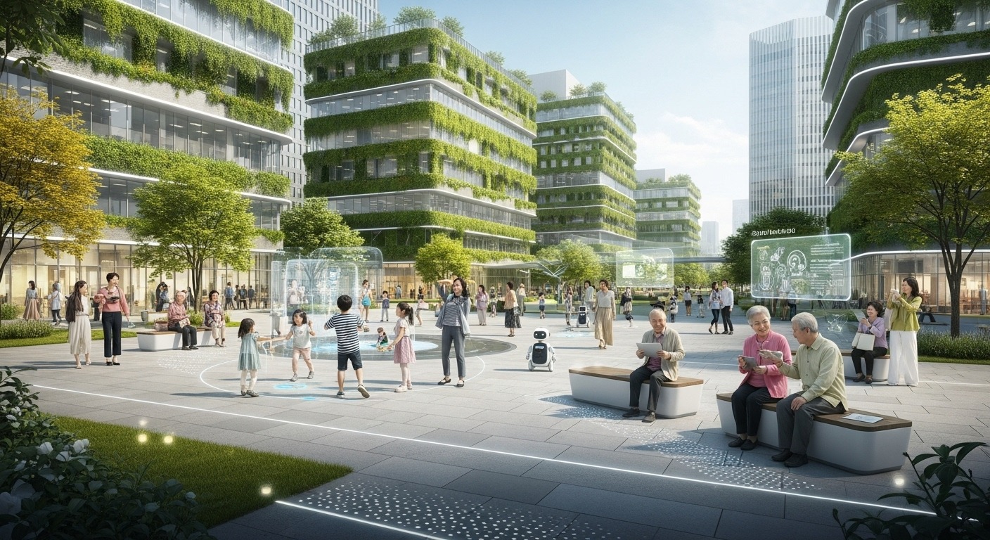 지속 가능한 지역 돌봄 시스템 구축을 위한 제언 - 미래 지향적인 한국의 스마트 도시에서 다양한 연령대의 사람들이 행복하게 교류하며, 기술이 지역 돌봄을 지원하는 모습.