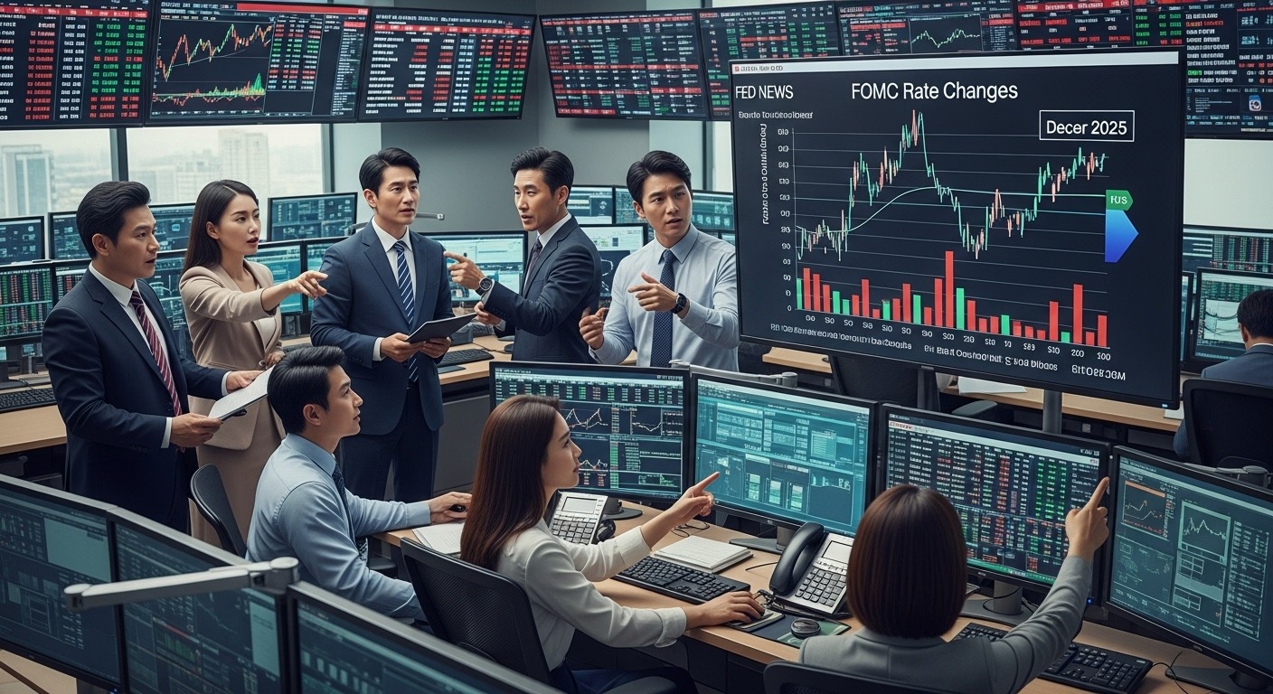 FOMC 위원들의 발언과 시장의 기대치 분석 - 한국인 금융 트레이더들이 분주한 트레이딩 룸에서 2025년 12월 FOMC 금리 변화 확률 그래프와 실시간 시장 데이터를 주시하며 논의하는 모습