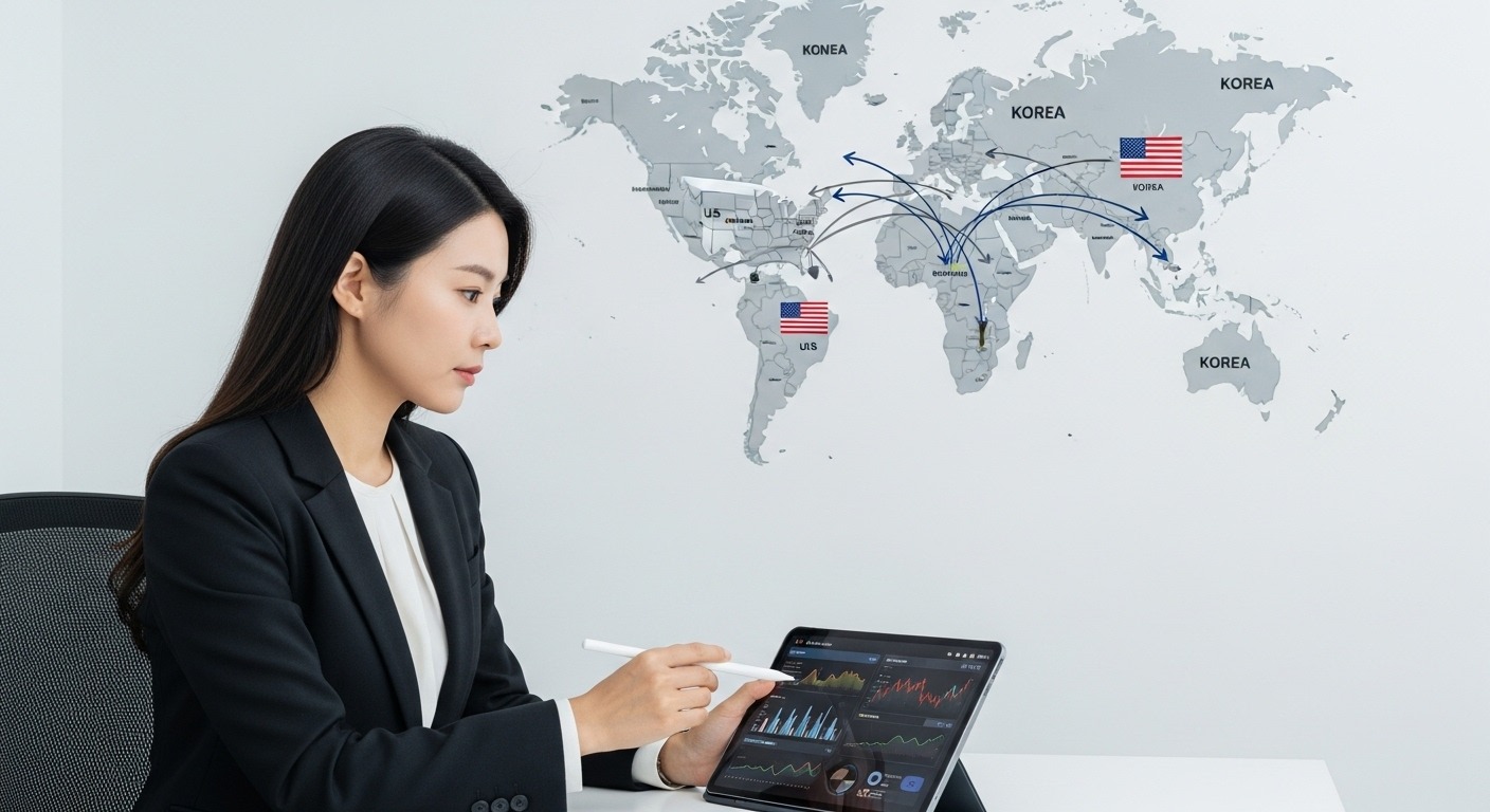 미국 금리 인하가 한국 경제에 미칠 잠재적 영향 - 한국인 경제학자가 사무실에서 미국과 한국을 연결하는 경제 지표를 분석하며 금융 흐름의 영향을 시각화하는 모습