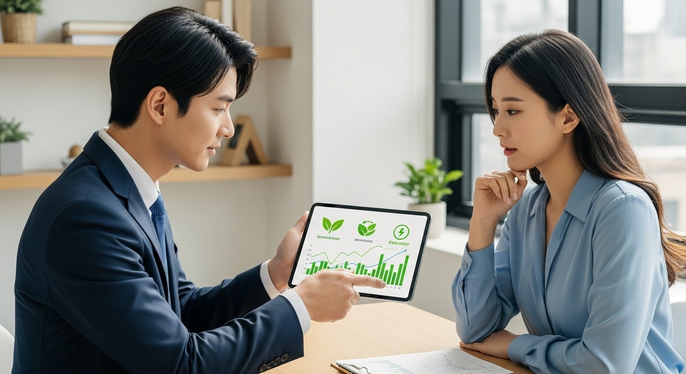 ESG 및 지속 가능 투자: 가치와 수익을 동시에 추구 - 현대적인 사무실에서 한국인 재무 상담가가 한국인 고객과 ESG 투자 기회를 논의하며 태블릿에 친환경 및 지속 가능한 에너지 상징이 포함된 그래프를 보여주는 모습
