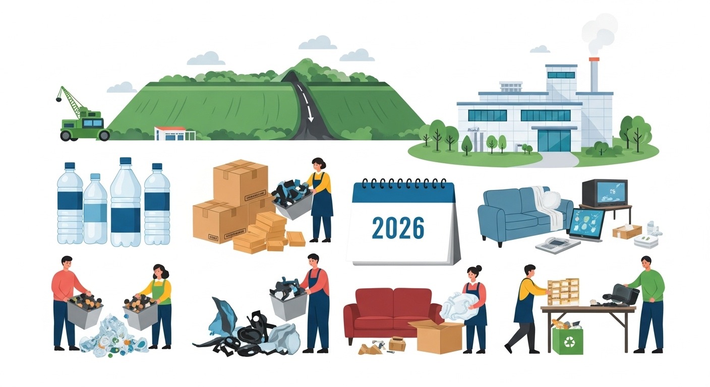 2026년 직매립 금지, 무엇이 달라지나? - 2026년이 강조된 달력 옆에서 폐기물이 분류되어 새로운 제품으로 순환되는 모습을 보여주는 활기찬 순환 경제 일러스트.