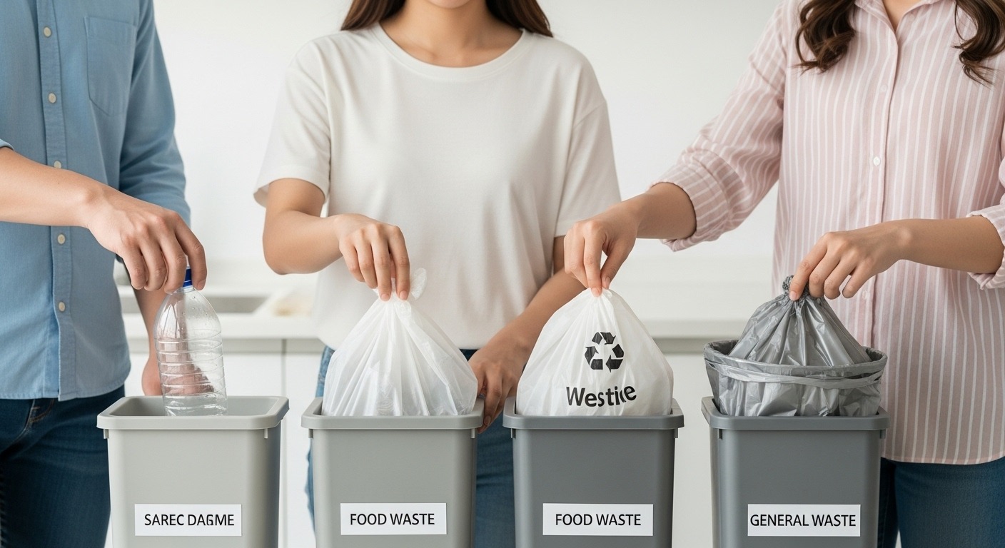 우리 집 쓰레기 배출, 이렇게 바뀝니다! - 현대적인 주방에서 한국인 가족의 손이 플라스틱병, 음식물 쓰레기 봉투, 일반 쓰레기 봉투를 라벨이 붙은 분리수거함에 꼼꼼하게 분류하는 근접 촬영 사진.