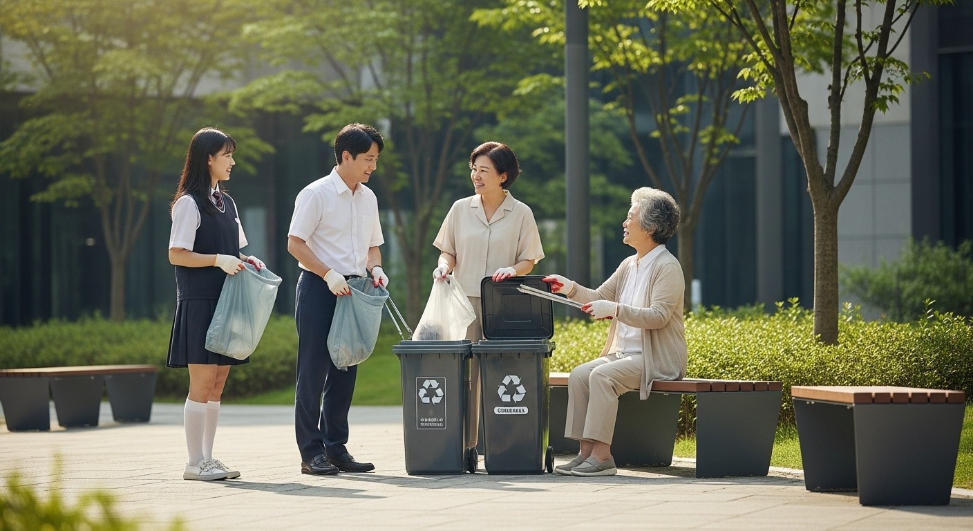 지금부터 준비하는 '똑똑한' 쓰레기 배출 습관 - 다양한 연령대의 한국인들이 지역사회 환경 정화 활동에 참여하여 재활용품을 올바르게 분류하고 재사용 가능한 가방을 사용하는 모습.