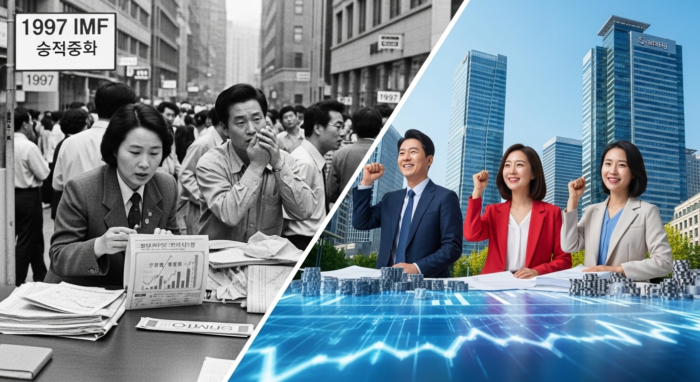 IMF 위기와의 연관성? - 1997년 IMF 위기 당시와 2025년 현재의 한국 경제 상황을 대비하여 보여주는 이미지