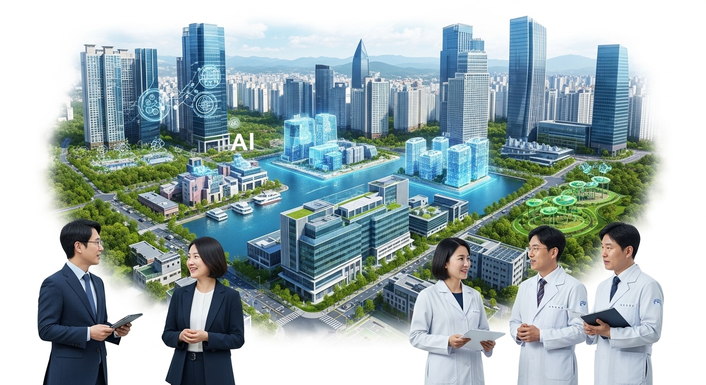 국민성장펀드, 2026년 대한민국의 성장 엔진으로 재도약 - 한국의 미래 기술 산업을 상징하는 도시 풍경과 다양한 분야의 전문가들이 협력하는 역동적인 모습