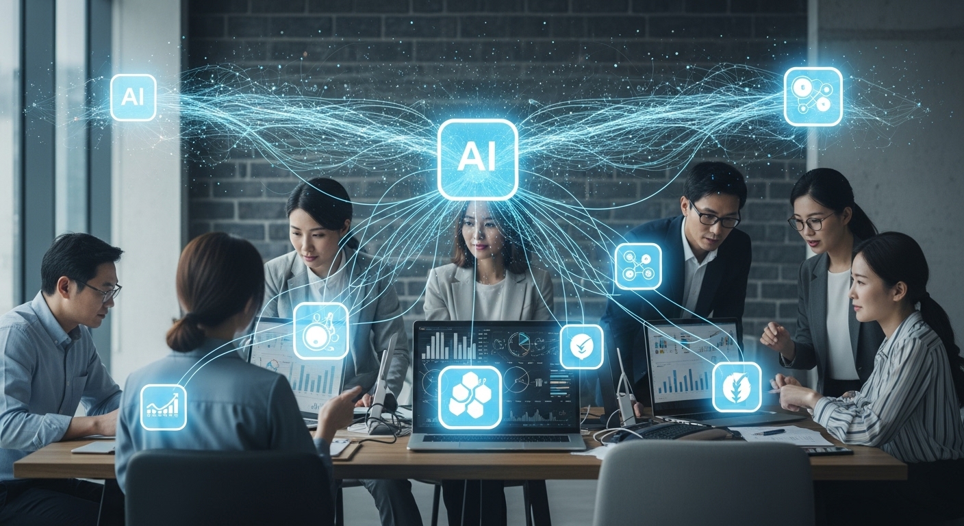 2026년 핵심 투자 분야 및 효율적인 운용 전략 - AI, 바이오, 친환경 에너지 등 핵심 투자 분야를 상징하는 디지털 네트워크와 전략을 논의하는 한국인 투자자들