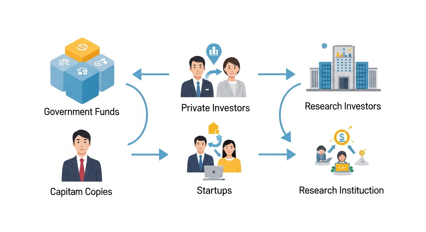 혁신 생태계 강화와 민간 참여 확대 방안 - 정부, 민간 투자자, 스타트업, 연구기관이 협력하여 혁신 생태계를 강화하는 인포그래픽