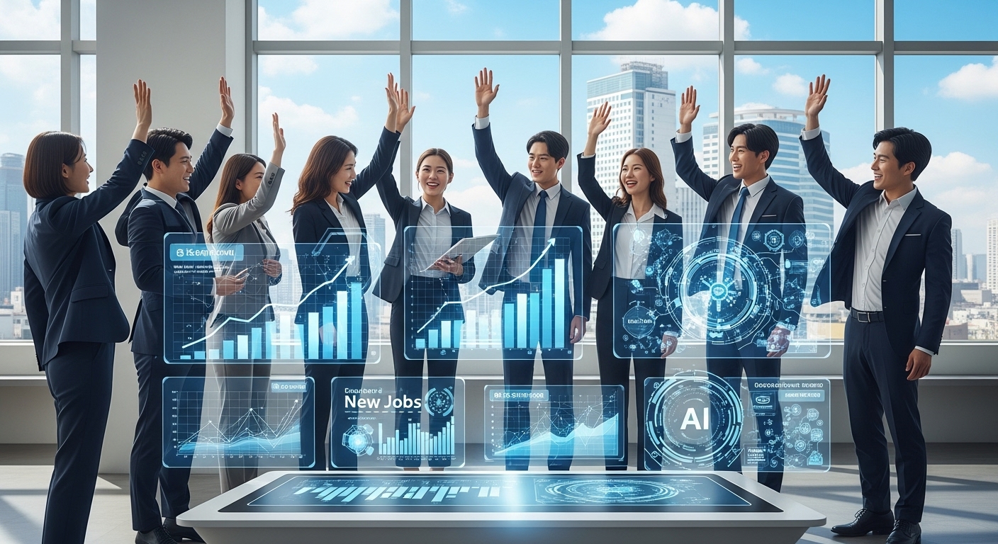 기대 효과 및 성공적인 운용을 위한 과제 - 경제 성장, 일자리 창출, 기술 혁신을 상징하는 배경 앞에서 성공을 축하하는 한국 청년 기업가들