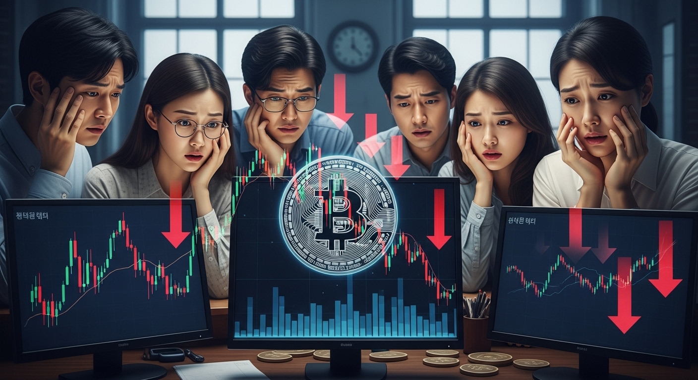 비트코인 급락 배경 및 시장 반응 분석 - 비트코인 가격 차트가 급락하며 붉은색 하락 화살표가 선명하고, 주변에 초조한 표정으로 화면을 응시하는 한국인 투자자들이 앉아있는 모습