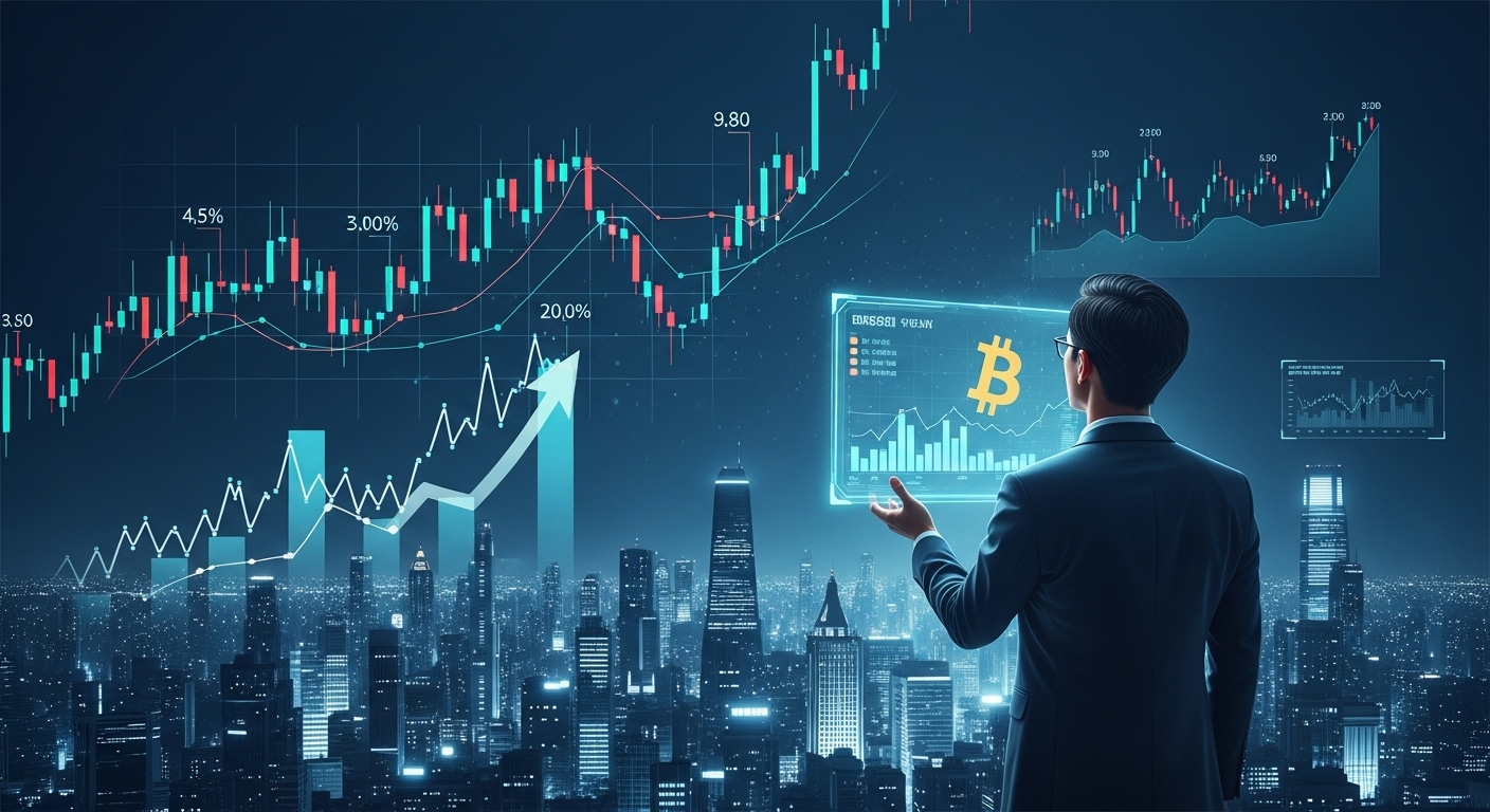 향후 비트코인 시장 전망 및 주요 변수 - 미래지향적인 도시 풍경을 배경으로, 오르내리는 금융 데이터 시각화가 홀로그램 디스플레이에 펼쳐져 있고, 한 한국인 금융 분석가가 이를 보며 비트코인 시장의 미래를 숙고하는 모습