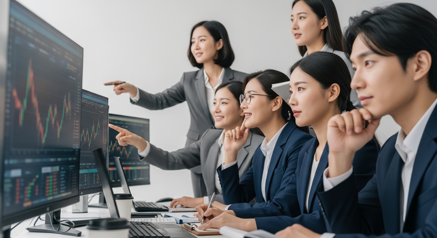 위기 속 기회: 전략적 투자 접근법 - 여러 대의 스크린에서 데이터를 분석하며 차트를 가리키고 메모하는 다양한 한국인 투자자들이 차분하고 전략적인 모습으로 변동성 높은 시장에 접근하는 전문적인 모습