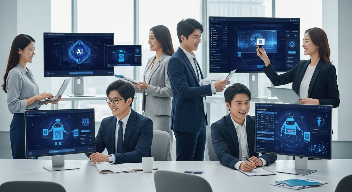 AI Everywhere: 초거대 AI의 보편화와 맞춤형 코파일럿 확산 - 한국인 비즈니스 전문가들이 AI 코파일럿이 통합된 화면을 통해 협업하는 현대적인 사무실 풍경