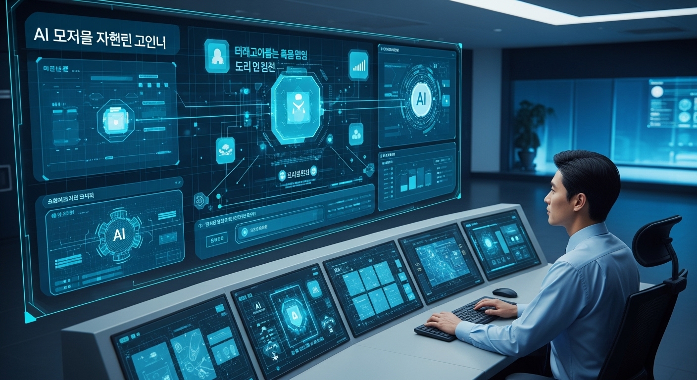 AI의 책임과 신뢰: 거버넌스 및 사이버 보안 강화 - 한국인 보안 전문가가 AI 기반의 사이버 방어 시스템을 모니터링하며 AI 거버넌스와 윤리를 강조하는 모습