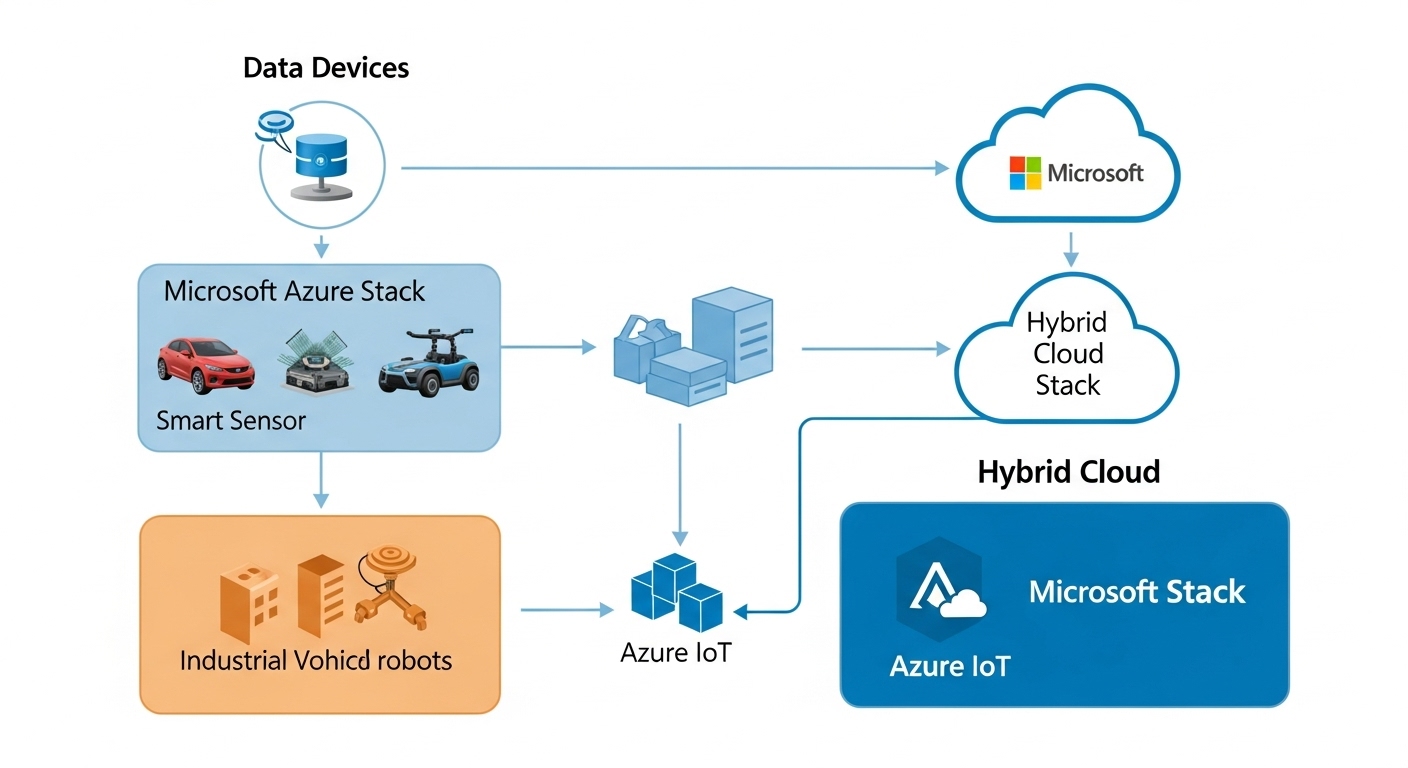 AI 인프라의 진화: 엣지 AI 및 하이브리드 클라우드 인텔리전스 - 스마트 센서, 자율주행차, 산업용 로봇 등 엣지 디바이스에서 마이크로소프트 애저 스택과 애저 IoT를 포함하는 하이브리드 클라우드로 데이터가 흐르는 기술 다이어그램