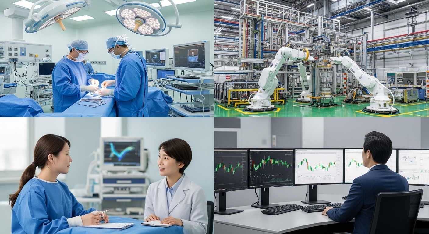 AI의 확장과 미래: 산업별 특화 및 자율 시스템의 부상 - AI 보조 수술실, 지능형 로봇 공장, AI 금융 분석 시스템 등 다양한 산업 분야에 특화된 AI 애플리케이션들을 한국인 엔지니어가 관찰하는 모습