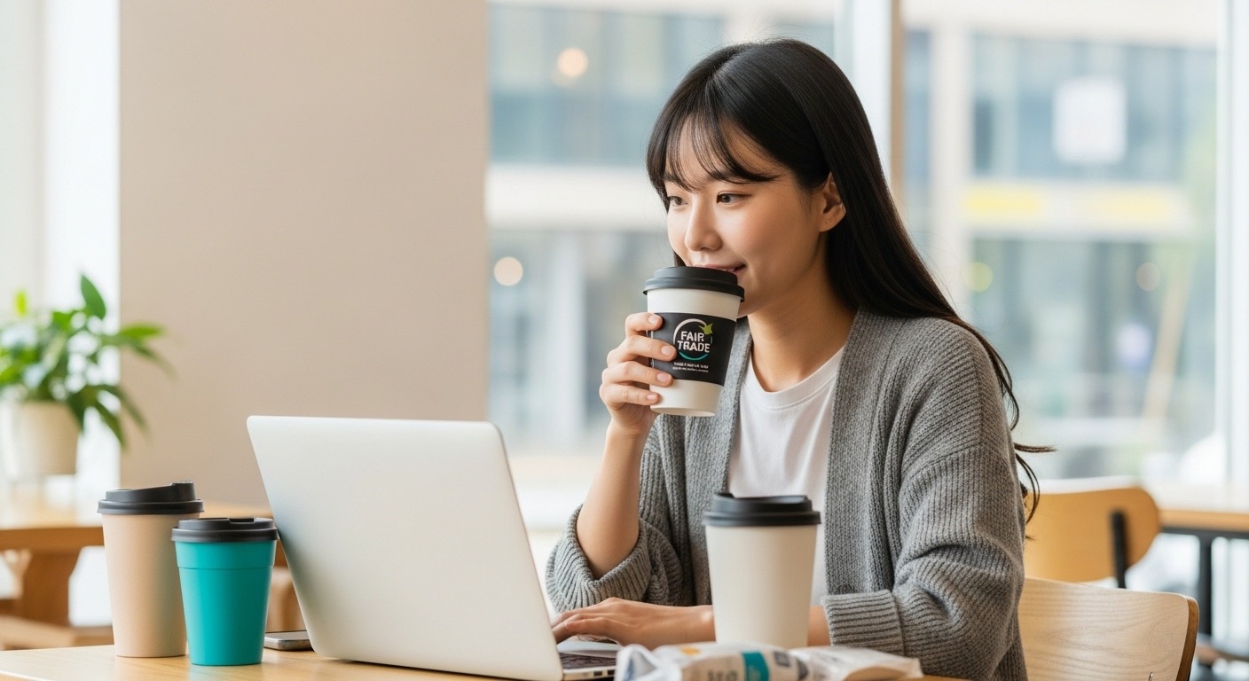 가치 소비의 심화와 '의미 있는 구매' - 한 한국인 젊은 여성이 공정 무역 커피를 마시며 친환경 제품에 둘러싸여 노트북을 사용하는 모습.
