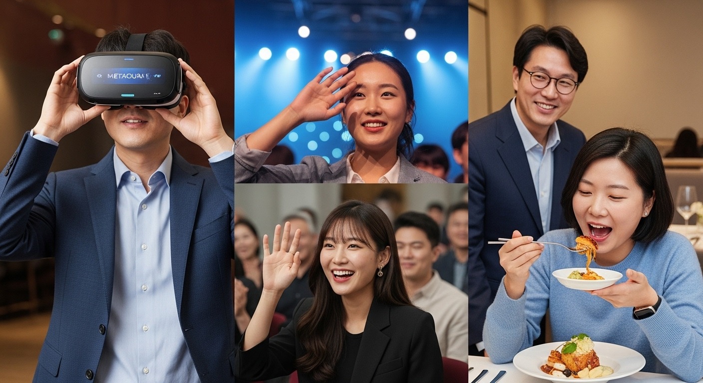 경험 경제의 확장과 초개인화된 여정 - 한국인 MZ세대 그룹이 VR 체험, 콘서트 관람, 맞춤형 식사를 즐기며 다양한 문화 경험을 하는 모습.