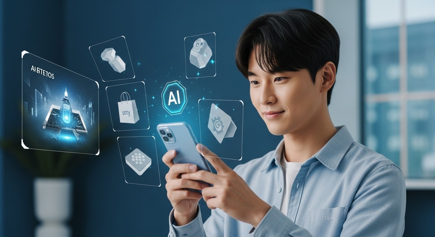 디지털 전환 가속화와 AI 기반 소비 - 한국인 젊은 남성이 스마트폰으로 AI 쇼핑 앱을 활용하여 가상 상품을 탐색하고 메타버스 환경을 경험하는 모습.