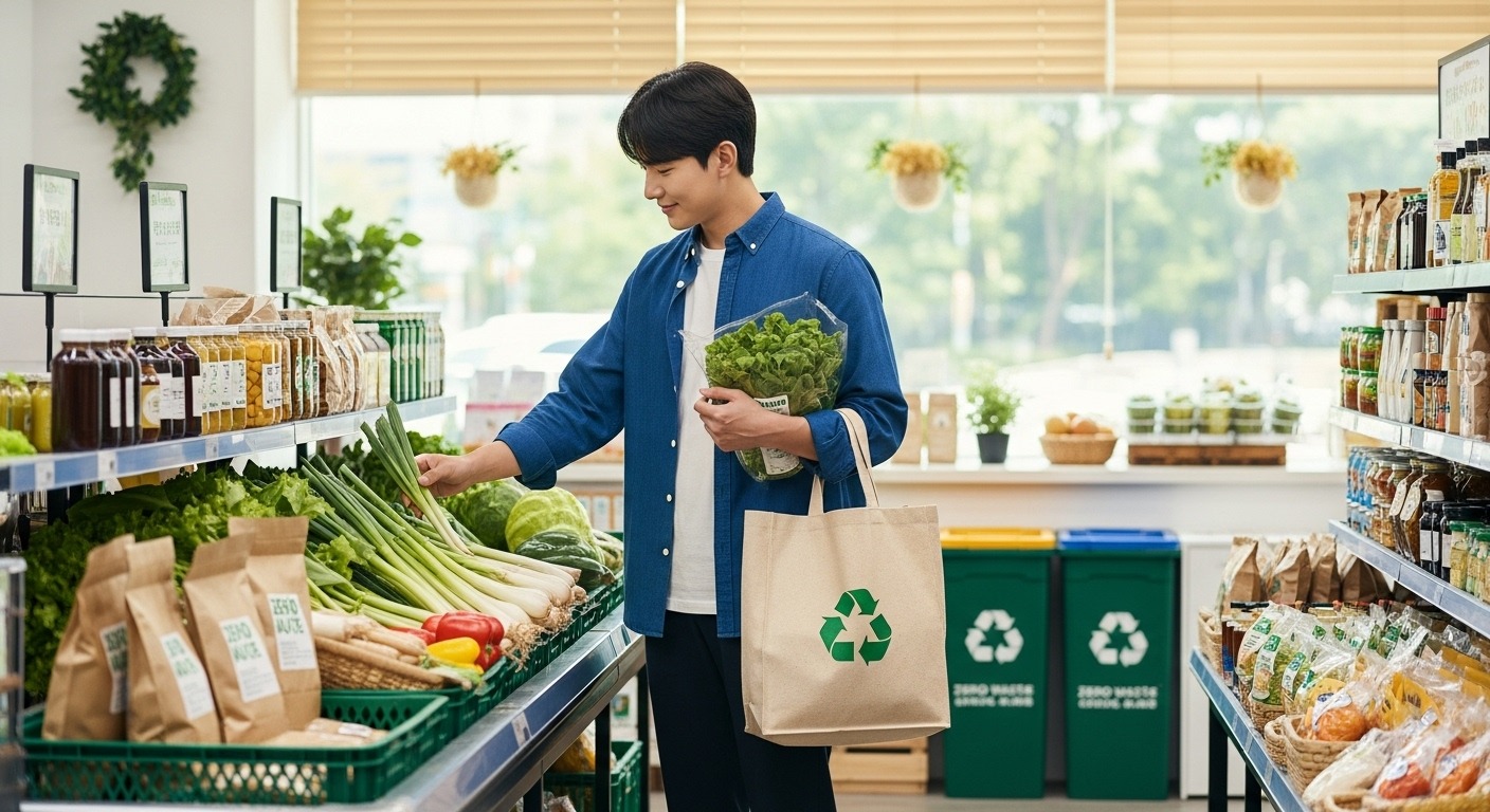 지속가능성 지향과 '친환경' 라이프스타일 - 한국인 젊은 남성이 에코백을 들고 친환경 식료품점에서 유기농 채소를 구매하며 제로 웨이스트 생활을 실천하는 모습.