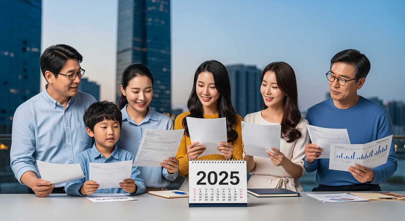 2025년 연말정산, 무엇이 달라지나? - 다양한 한국인들이 2025년 연말정산을 위해 금융 서류와 달력을 보며 준비하는 모습.