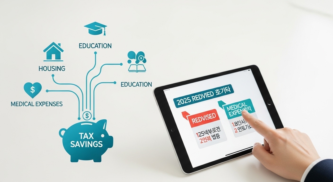 핵심 개정 세법 상세 분석: 놓치지 말아야 할 변화들 - 2025년 연말정산 개정 세법의 핵심 변화를 보여주는 상세한 인포그래픽, 주요 공제 항목들이 세금 절약으로 연결되는 모습을 시각적으로 표현.