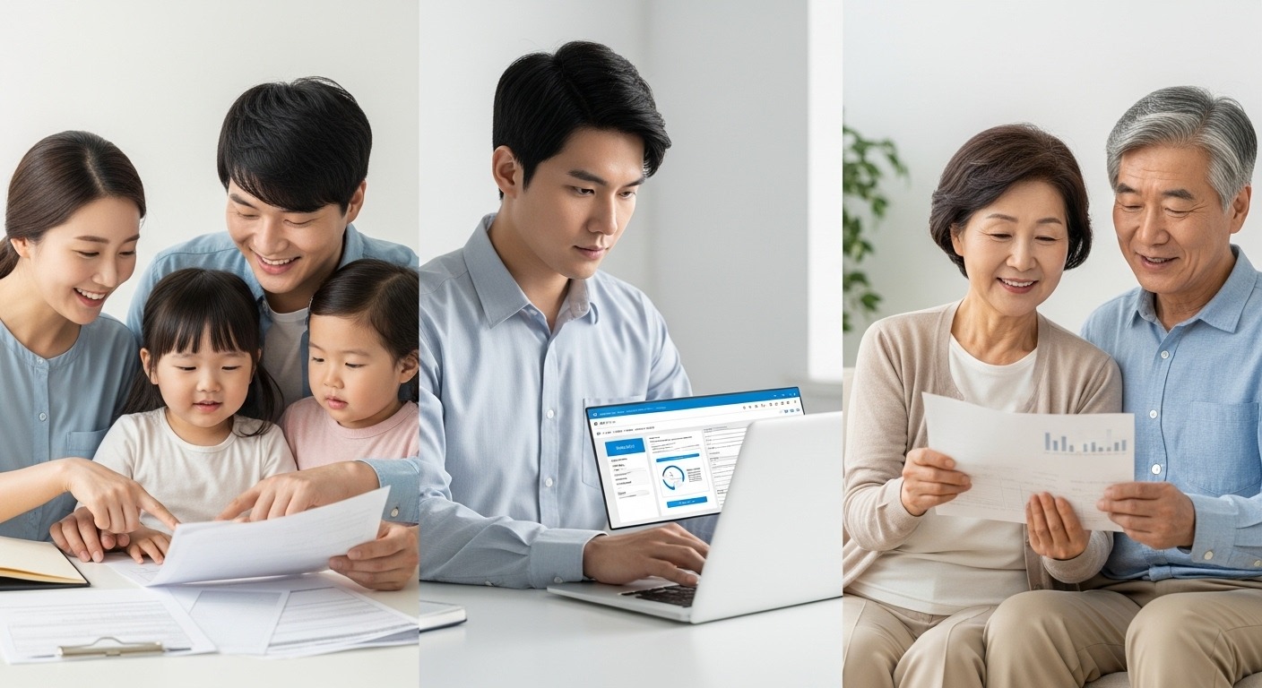납세자 유형별 영향 및 절세 전략 - 한국의 다양한 납세자 유형(가족, 청년, 고령층)이 개정된 세법에 따라 맞춤형 절세 전략을 활용하는 모습.