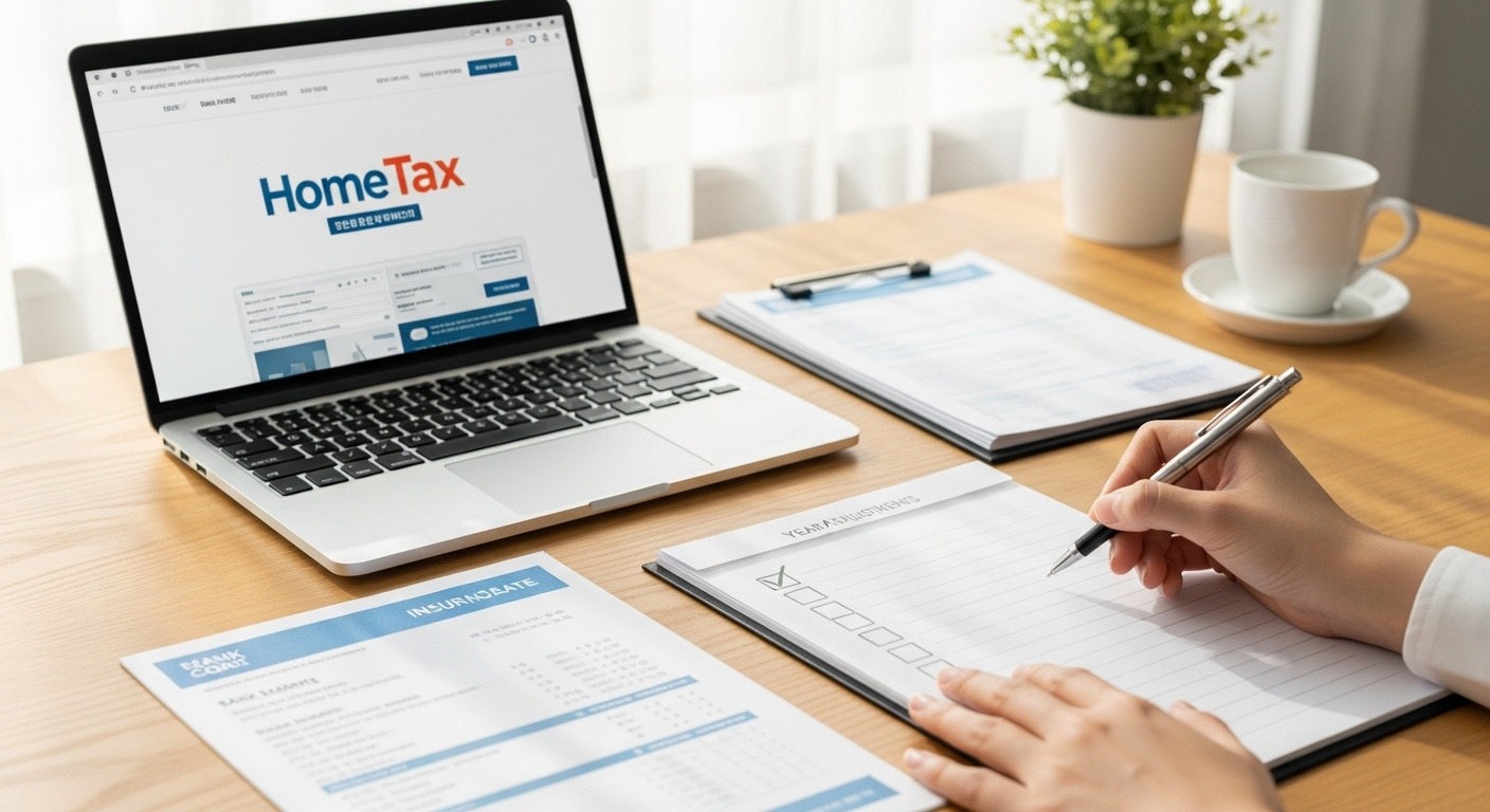 2025년 연말정산 성공적인 마무리를 위한 준비 체크리스트 - 연말정산을 위한 필수 서류와 홈택스 화면이 보이는 책상에서 한국인이 체크리스트를 확인하며 준비하는 모습.