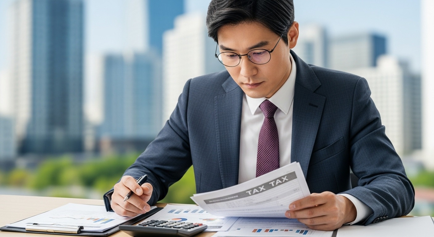 세금 제도 개편 및 합리적인 부담 조정 방안 - 한 한국인 남성이 서류와 세금 계산기를 앞에 두고 복잡한 부동산 세금 서류들을 검토하며 세금 제도 개편의 중요성을 시사하는 모습.