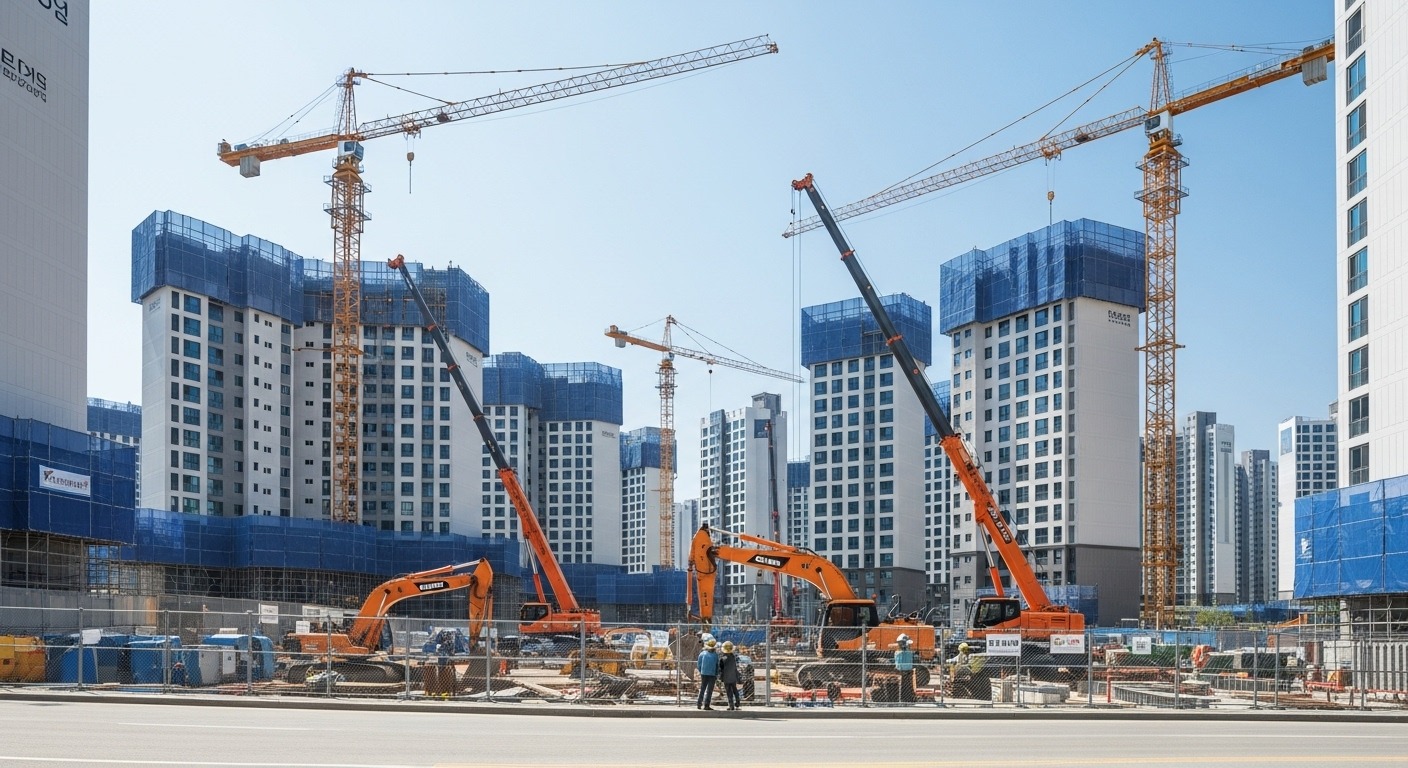 주택 공급 확대 및 재개발·재건축 규제 합리화 - 한국의 도시 건설 현장에서 크레인과 장비들이 고층 아파트를 건설하며 주택 공급 확대 및 재개발 활성화의 역동적인 과정을 보여주는 모습.