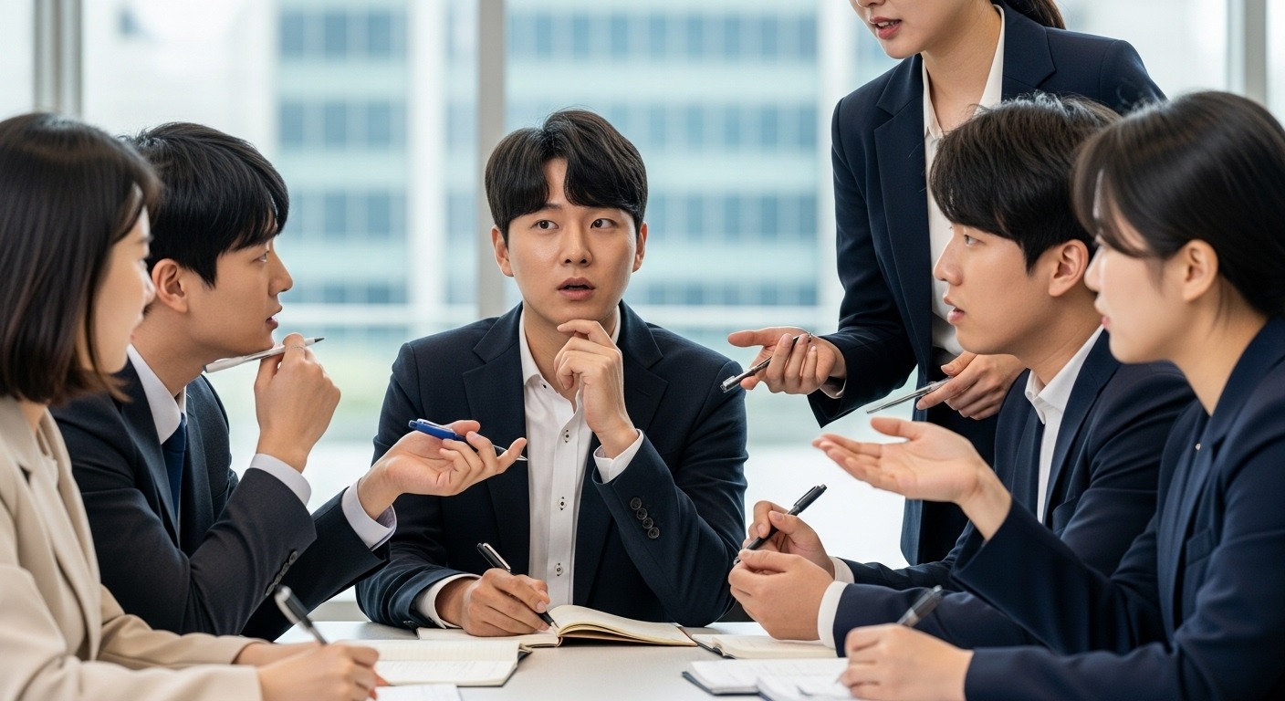 9급 공무원 PSAT 도입 검토 배경 및 현황 - 젊은 한국인 공무원 수험생들이 현대적인 정부 건물을 배경으로 시험 제도 변화에 대해 활발히 토론하는 모습.