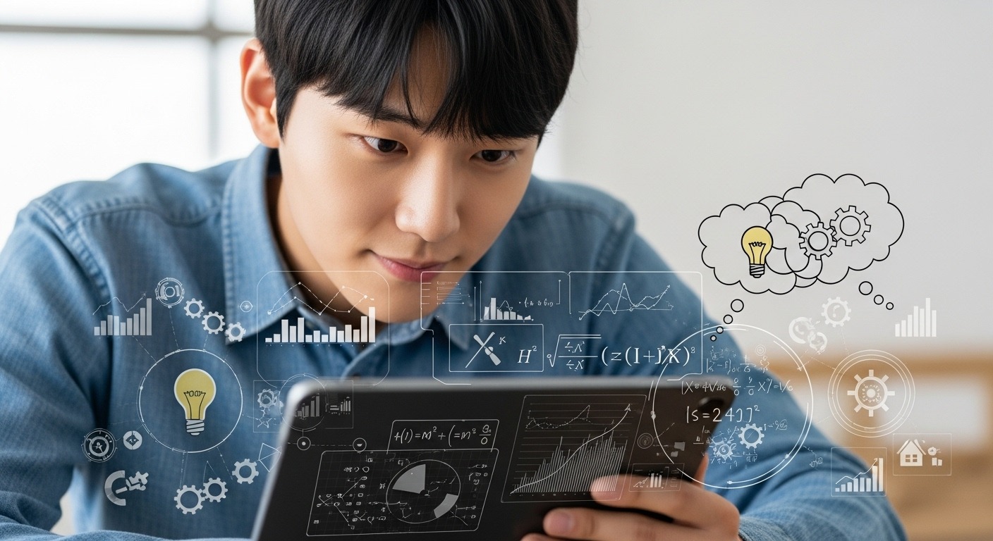 PSAT 도입의 긍정적 측면 및 기대 효과 - 한국인 학생이 데이터 시각화와 비판적 사고 기호로 둘러싸인 태블릿에서 복잡한 문제를 자신감 있게 해결하며 지적 역량을 발휘하는 모습.