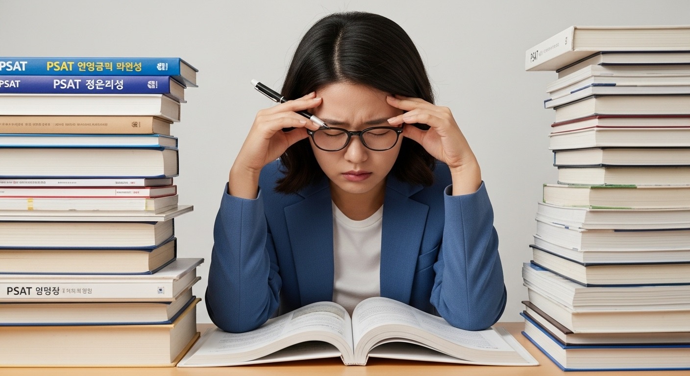 PSAT 도입의 예상되는 난관과 우려 사항 - 한국인 수험생이 PSAT 관련 복잡한 학습 자료와 교재 더미에 압도되어 스트레스와 불안감을 느끼는 모습.