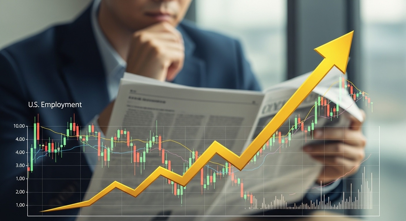 미국 고용 시장 현황과 금 시세 영향 - 미국 고용 지표의 하향 추세와 금 시세 상승을 상징하는 그래프 및 한 한국인 투자자가 신문을 보는 모습