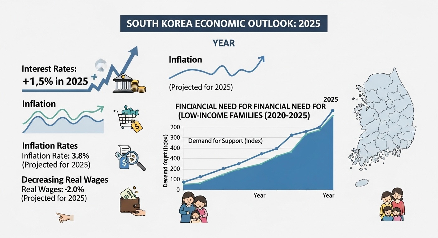 2025년 경제 환경과 징검다리론 개편 논의의 배경 - 2025년 한국의 고금리, 인플레이션, 실질임금 감소 등 경제 지표를 보여주는 복잡한 인포그래픽, 저소득층 금융 지원 필요성이 강조됨
