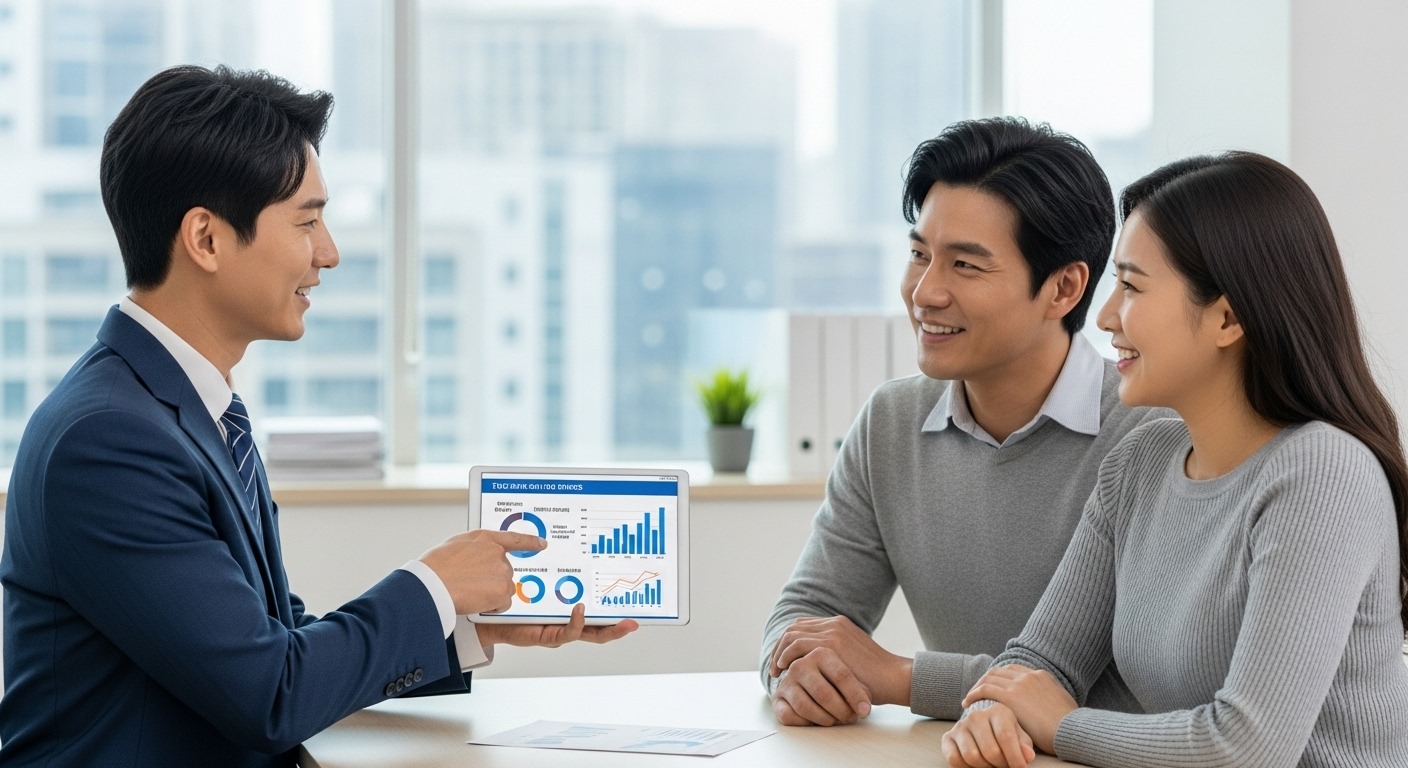 RIA 계좌의 핵심 혜택 및 차별점 - 한국인 금융 자문가가 한국인 부부에게 태블릿으로 RIA 계좌의 세금 절감 및 간소화된 절차 혜택을 설명하는 모습