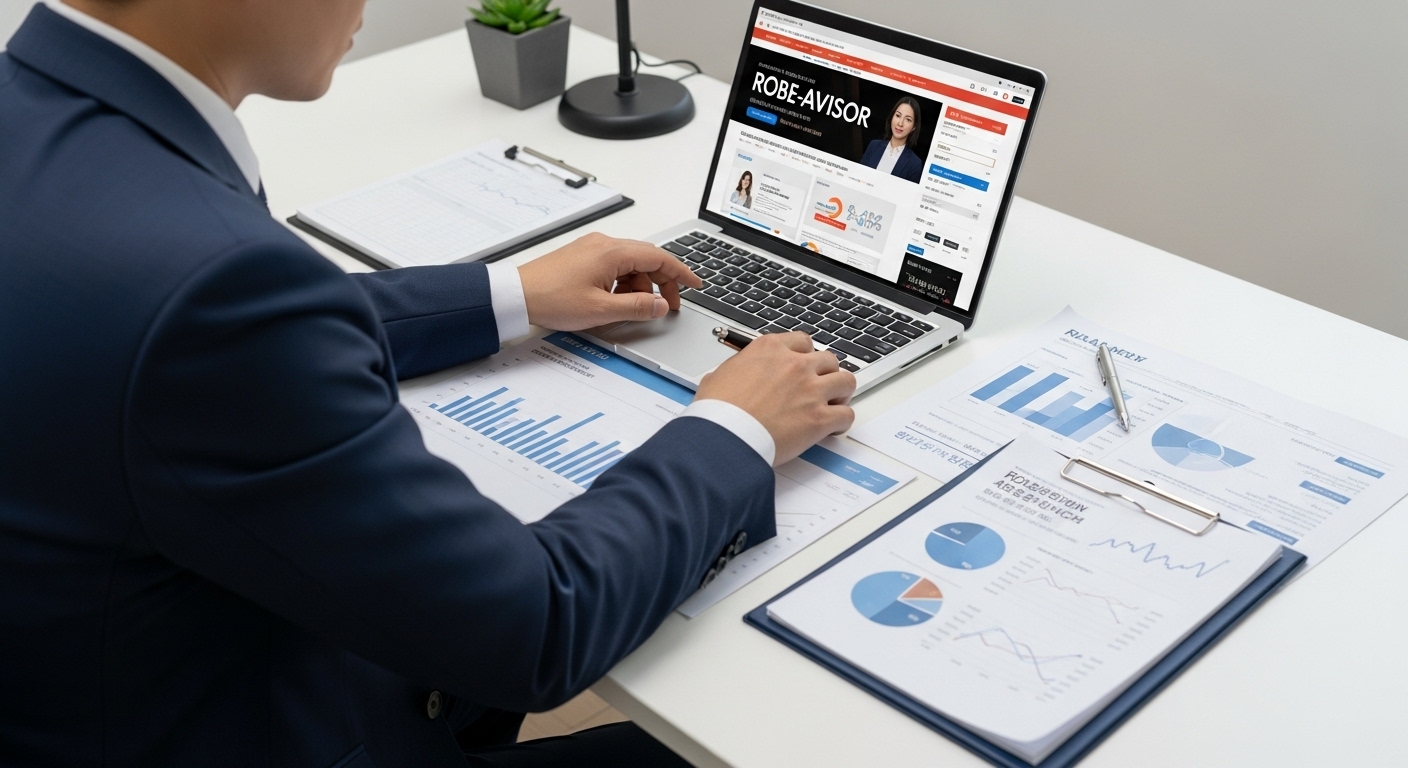 RIA 도입에 따른 투자자 변화 및 활용 전략 - 한국인 투자자가 금융 서류와 차트 앞에서 노트북을 보며 포트폴리오를 신중하게 계획하는 모습