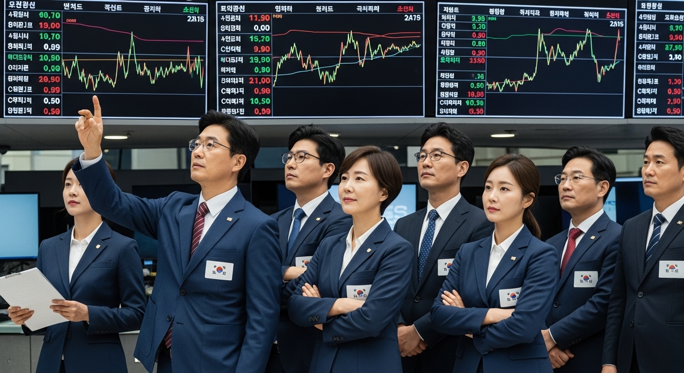국내 금융시장 및 경제에 미칠 영향과 과제 - 한국인 금융 전문가들이 분주한 증권 거래소에서 시장 동향과 경제 지표를 보여주는 디지털 화면을 지켜보는 모습