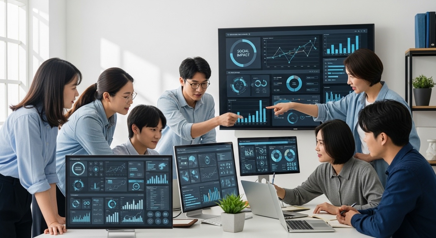 2026년 사회적기업 정책의 큰 그림: 지속가능성 강화 및 혁신 촉진 - 한국인 기업가와 전문가들이 디지털 프로젝트를 통해 사회적 영향을 논의하며 혁신과 지속가능한 성장을 상징하는 모습