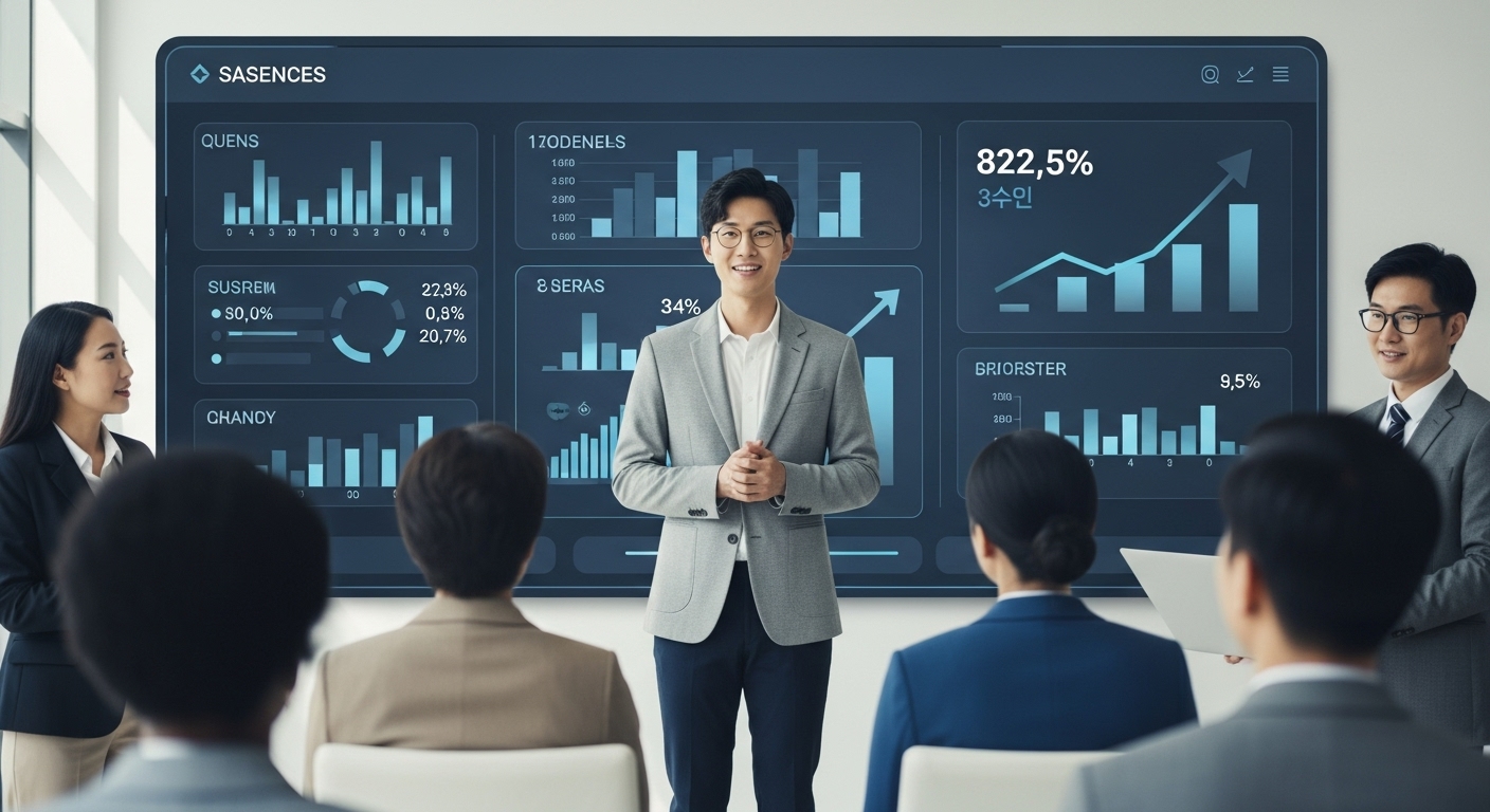 재정 지원 확대 및 투자 유치 다변화 - 한국인 사업가가 재무 지표를 보여주는 대시보드 앞에서 투자자들에게 프레젠테이션하며 사회적기업의 자금 조달 및 투자 유치를 상징하는 모습