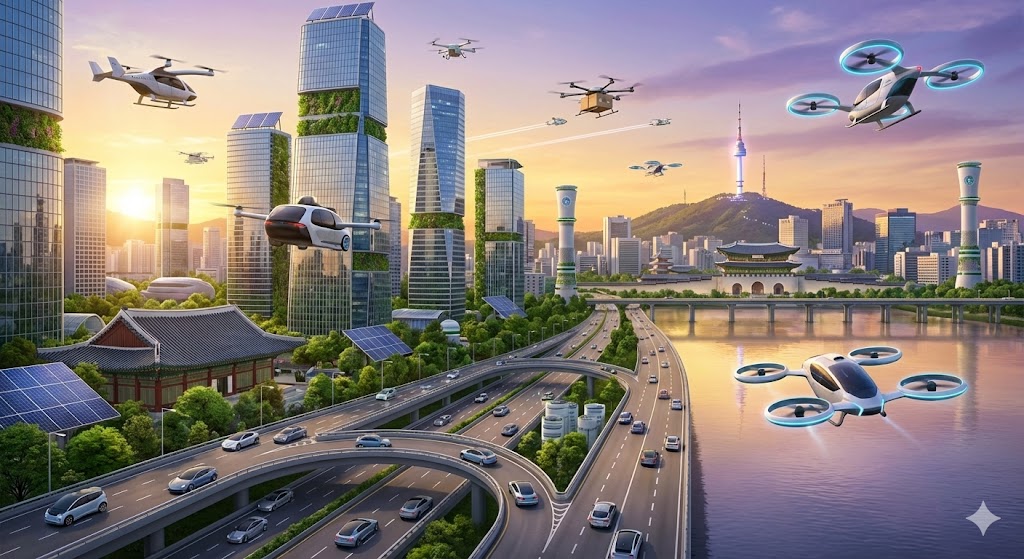 해질녘 미래형 스마트 도시의 스카이라인이 펼쳐집니다. 다양한 첨단 항공 모빌리티(AAM) 차량들이 고층 빌딩 사이를 비행하고, 자율주행 전기 자동차들이 다층 도로 위를 부드럽게 달립니다. 도시는 깨끗하고 푸르며 지속가능성을 보여줍니다. 한국 건축 양식의 요소들이 은은하게 드러납니다.