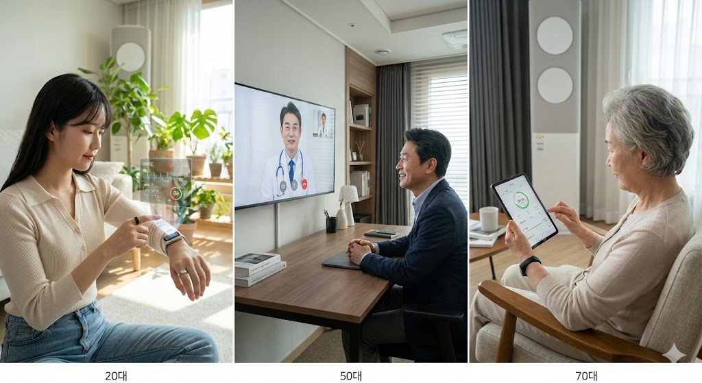 다양한 연령대(청년, 중년, 노년)의 한국인들이 집에서 첨단 디지털 헬스 기술을 활용하고 있습니다. 한 사람은 세련된 웨어러블 기기로 생체 신호를 확인하고, 다른 사람은 대형 스크린으로 화상 상담을 받고, 또 다른 사람은 AI 기반 피트니스 트래커를 사용합니다. 편안하면서도 기술이 자연스럽게 녹아든 환경입니다.