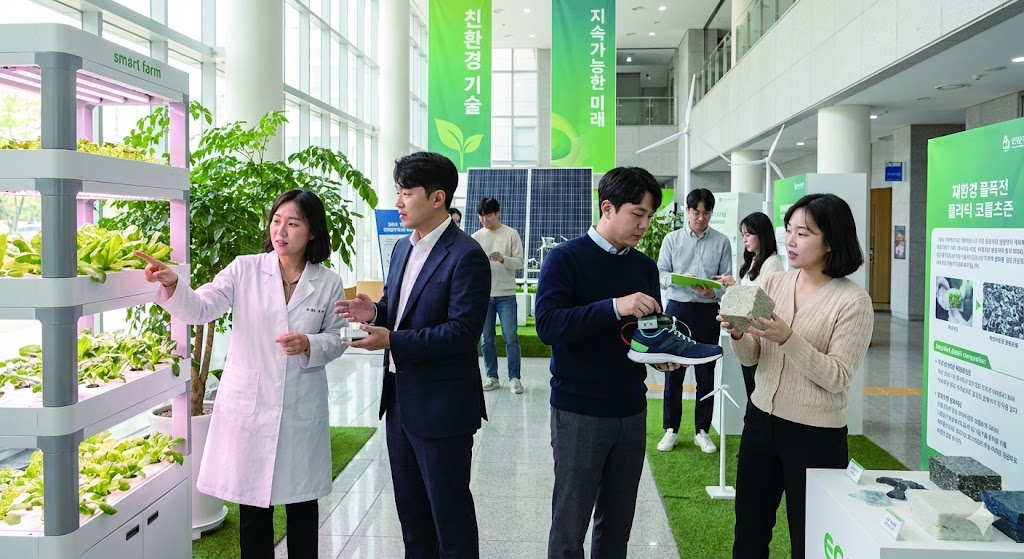 다양한 한국 혁신가와 연구자들이 밝고 개방적인 전시 공간에서 다양한 친환경 기술을 선보이고 있습니다. 한 사람은 모듈형 스마트 농장을 가리키고, 다른 사람은 소형 에너지 수확 장치를 시연하며, 또 다른 사람은 재활용 플라스틱으로 만든 새로운 소재를 설명한다. 배경에는 녹색 식물과 재생 에너지 관련 기호들이 보인다.