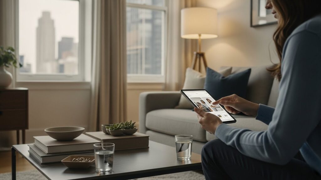 편안하고 모던한 거실에서 한국인 재무 설계사가 젊은 한국인 부부에게 다양한 투자 전략을 세심하게 설명하고 있습니다. 태블릿 화면에는 다양한 시장 시나리오(금리 인하, 보유)와 그에 따른 투자 전략(주식, 채권, 부동산)이 표시된 다이어그램이 표시됩니다.